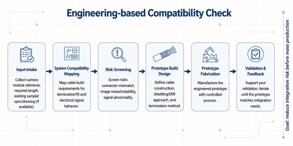 Engineering-based Compatibility Check workflow diagram showing 6 steps from Input Intake to Validation & Feedback, with arrows and a goal label to reduce integration risk before mass production.