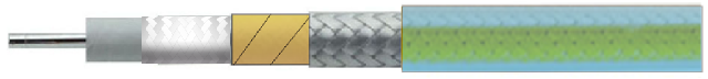 Structural breakdown of PS1200L-10G low loss phase stable coaxial cable showing silver-plated copper inner conductor, LD-PTFE dielectric, silver-plated copper strip inner shield, high temperature aluminium foil interlayer, and silver-plated copper wire outer shield.