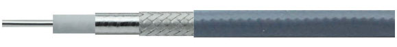 PS310L-55G-F high frequency phase stable coaxial cable cross-section showing silver plated copper conductor, LD-PTFE dielectric, dual shields, and gray FEP jacket