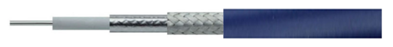 Structural layers of PS360LS-40G-F: Stranded Silver Plated Copper Conductor, LD-PTFE Dielectric, Self-adhesive Aluminium Foil, Silver Plated Copper Wire Braid, Blue FEP Jacket.