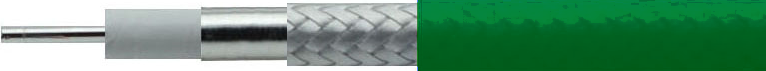 PS400L-34G phase stable coaxial cable layer-by-layer structure diagram showing silver plated copper inner conductor, LD-PTFE dielectric, and triple-shielding layers.