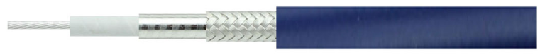 PS500L-34G coaxial cable structure showing 19/0.204mm silver plated copper conductor, LD-PTFE insulation, silver copper strip, braided shield, and blue TPU jacket