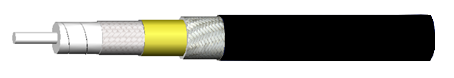 Internal structural view showing silver-plated copper conductor, LD-PTFE insulation, triple shield layers, and TPU jacket.