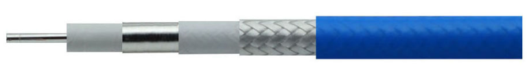 PSE360L-50G-F 50GHz low loss phase stable coaxial cable exploded view showing silver plated copper conductor, LD-PTFE insulation, inner shield, LD-PTFE interlayer, outer shield, and FEP jacket.