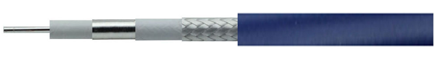 Internal layers of PSE400L-34G-P featuring LD-PTFE interlayer, dual shielding, and thick Blue TPU jacket (5.00mm O.D.).