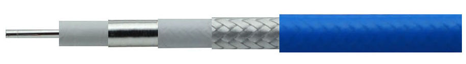 PSE460L-31G-BF high frequency low loss phase stable coaxial cable structural diagram showing silver plated copper conductor, LD-PTFE insulation, double shield, and blue FEP jacket.