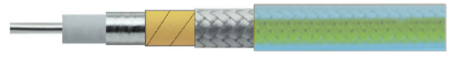 PSE780L-18G-F enhanced RF coaxial cable exploded view showing solid conductor, LD-PTFE dielectric, and triple layer shielding with aluminum foil