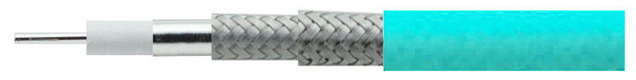 PS360L-61G -PE 61GHz RF cable exploded diagram showing silver plated copper inner conductor, PTFE insulation, SC foil, double silver braided wire shields, and TPE jacket